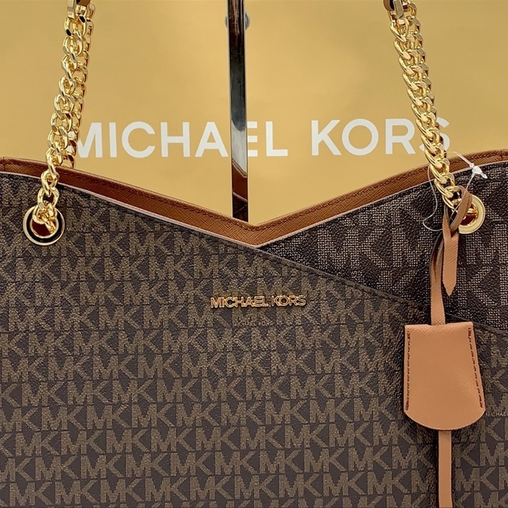 MICHAEL KORS LARGE X CHAIN LOGO SHOULDER BAG BROWN - Picture 9 of 16